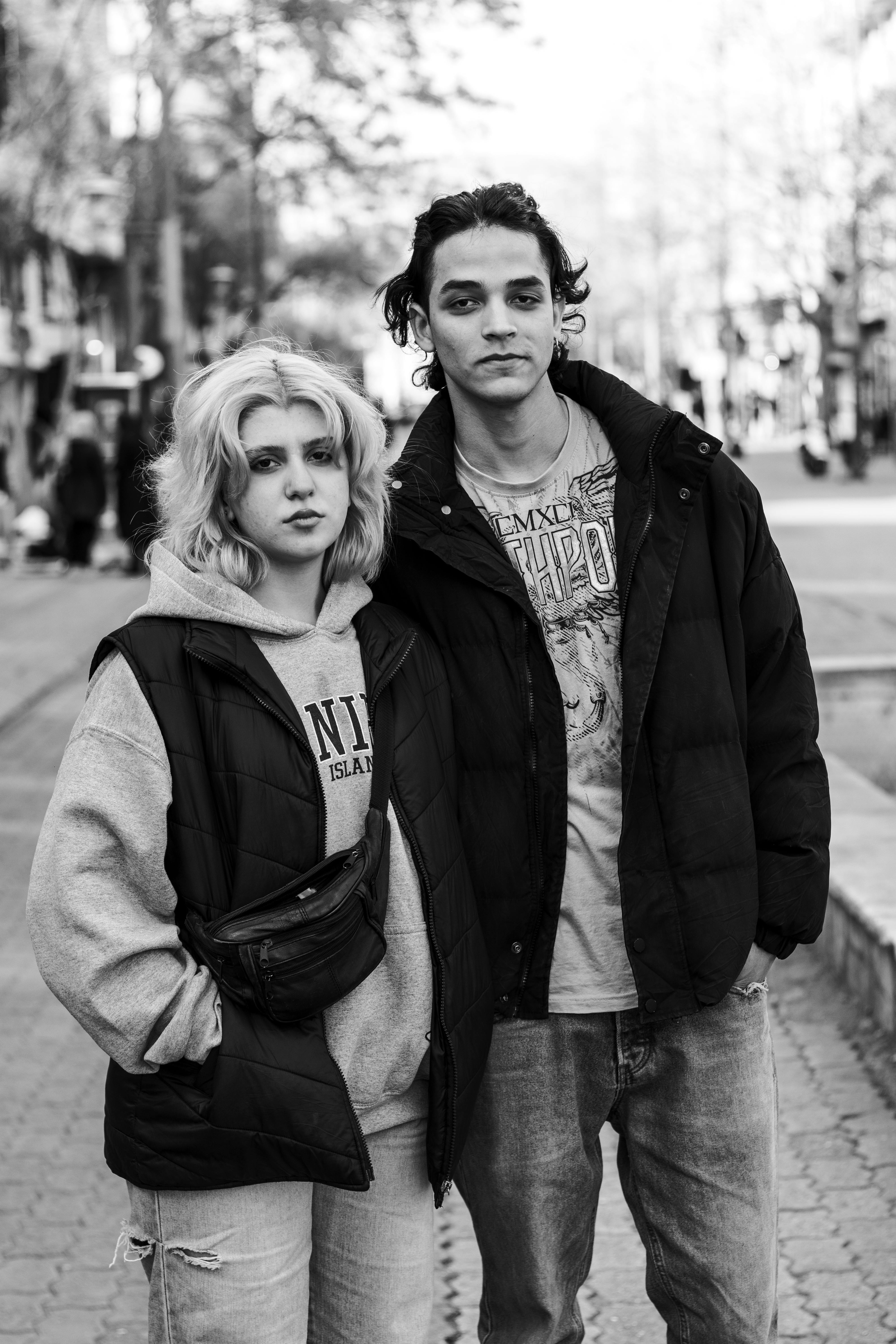 Black and white portrait of a couple on a street in Tabriz, Iran.