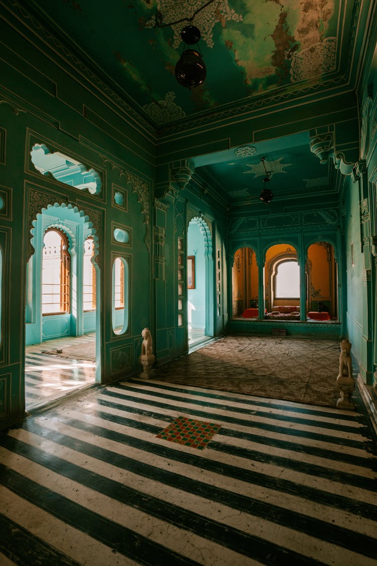 Wide Angle Shot Of A Green Vintage Interior