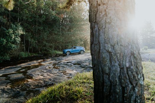 A blue SUV parked on rocky terrain amidst a sunlit forest, perfect for adventure themes.