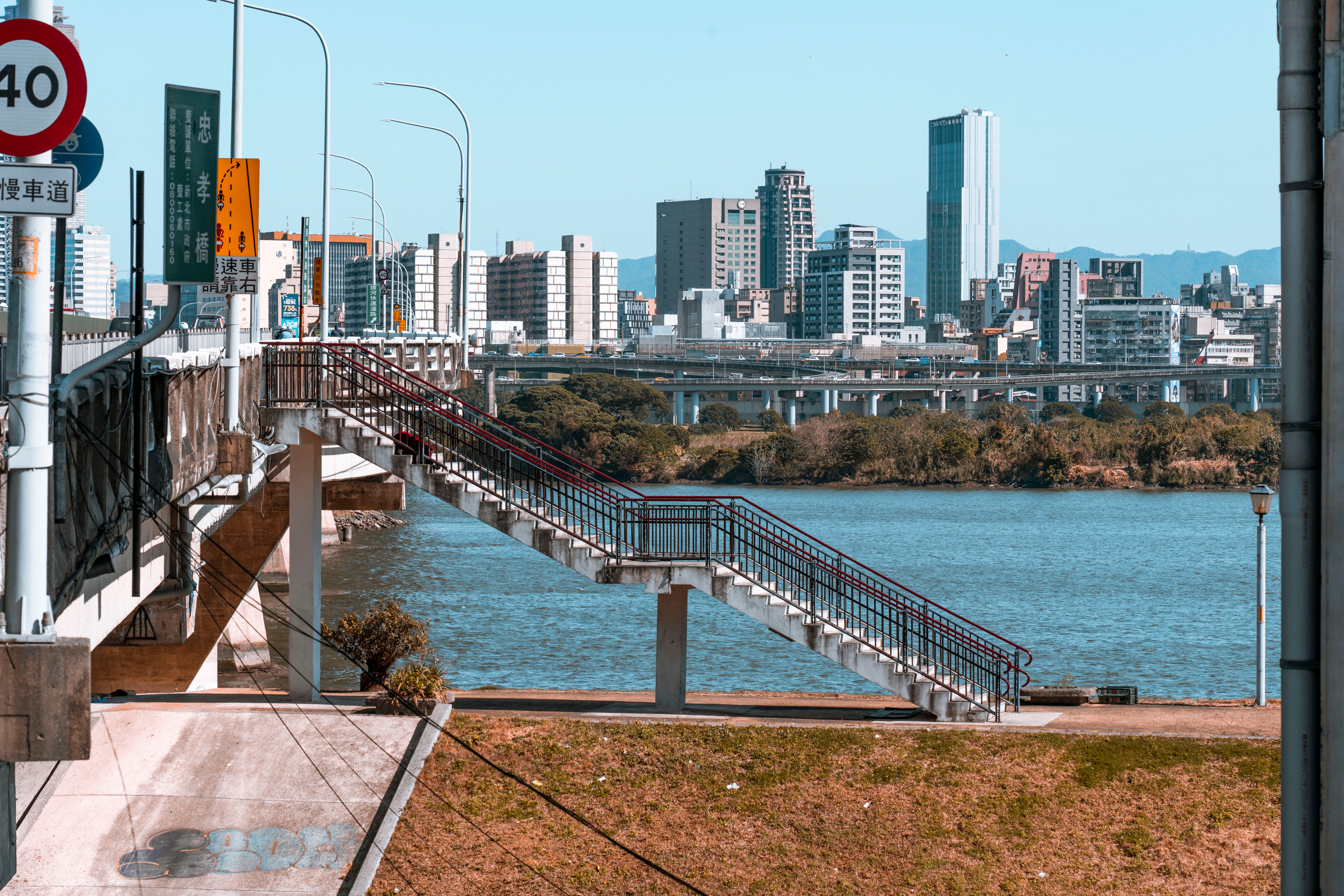 Urban scene with bridge, river, and city skyline under a clear blue sky.