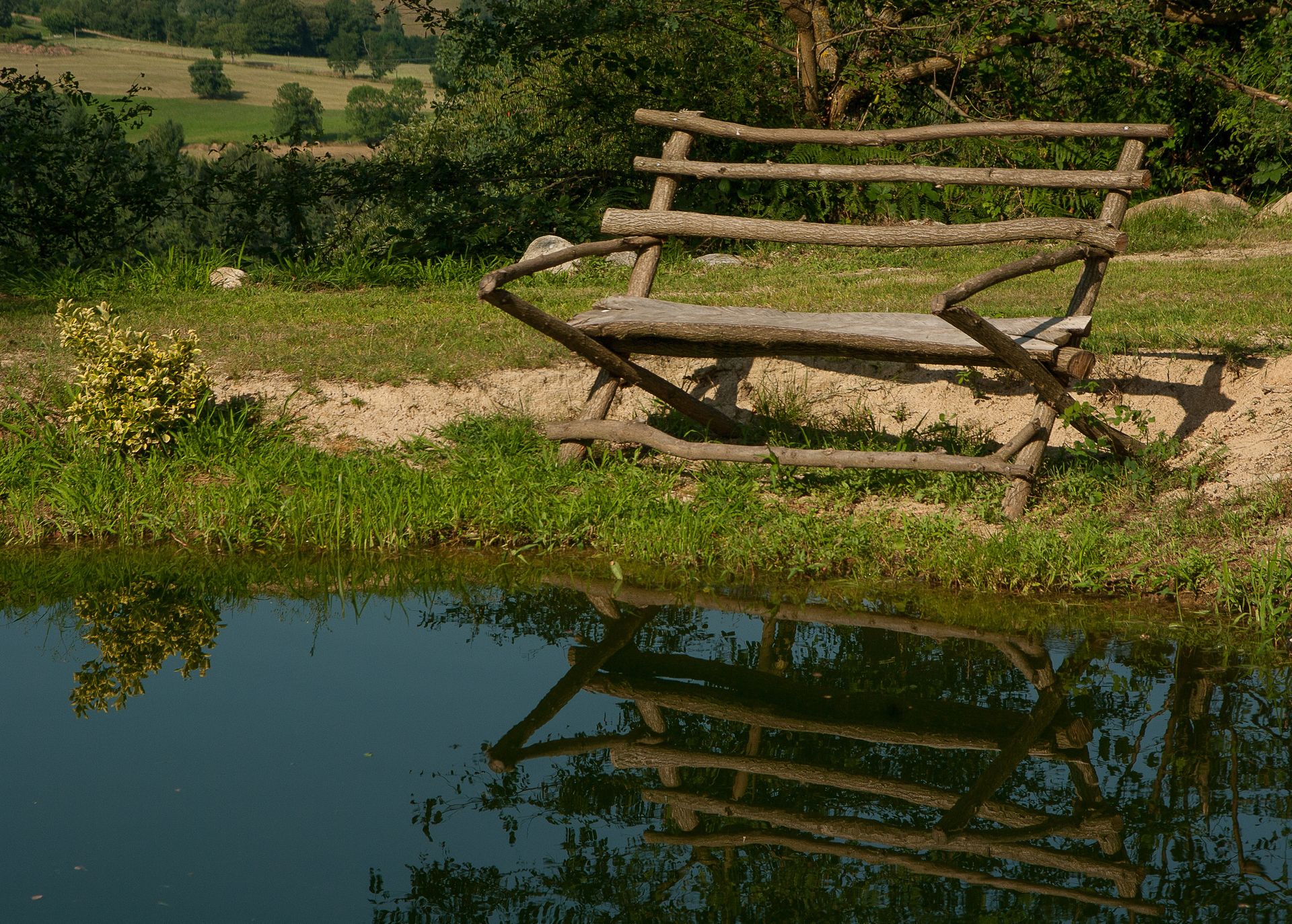 A rustic wooden bench overlooking a serene pond with clear reflections in a lush outdoor setting.