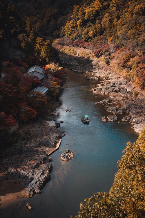 Free A stunning aerial view of a tranquil river flowing through a vibrant autumn landscape, surrounded by colorful foliage. Stock Photo