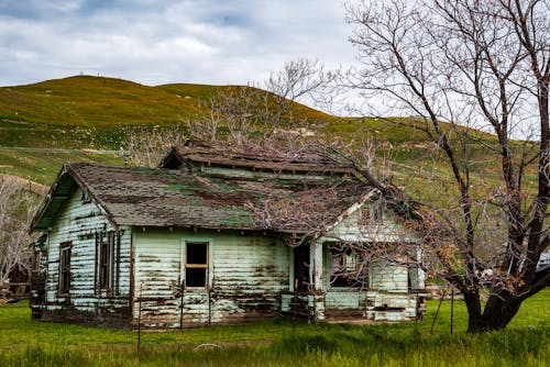 View of an Abandoned, Wooden House on a Meadow with Hills in the Background 