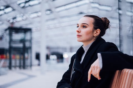 Woman seated in an indoor terminal, thoughtful expression, modern architecture.