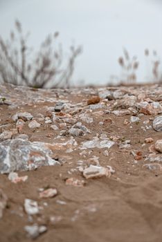 Detailed view of sand and rocks in a natural outdoor setting, perfect for environmental themes.