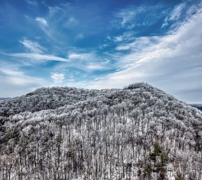 Aerial view of snowy winter forest and mountains in Reads Landing, MN