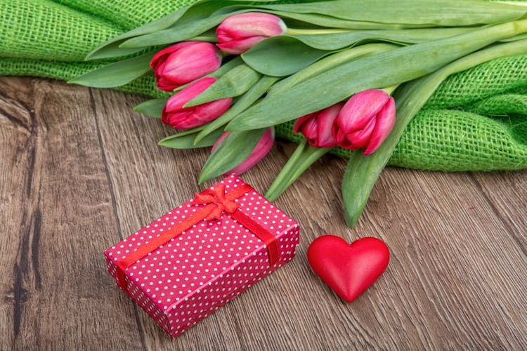 Box With Gift, Heart And Tulips