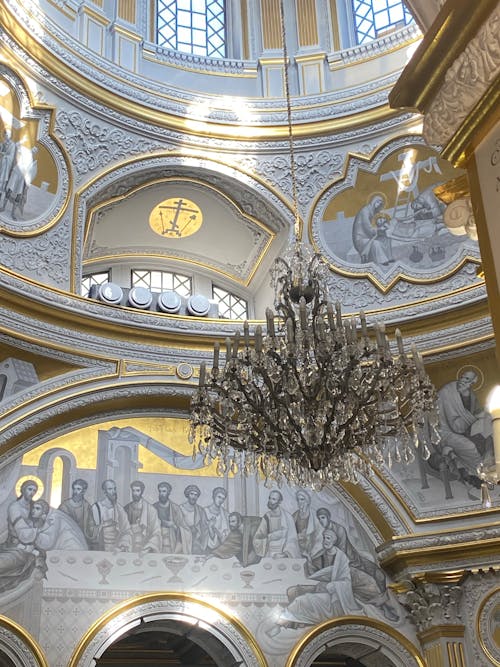 Chandelier Hanging in Traditional Ornate Church