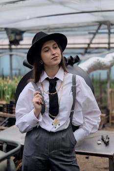 Stylish woman wearing a vintage outfit with hat and tie in an indoor setting, showcasing fashion and style.
