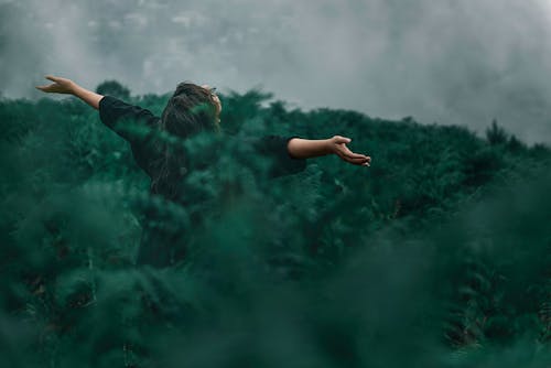 Personne Debout Sur Le Terrain En Herbe Tout En Ouvrant Les Mains