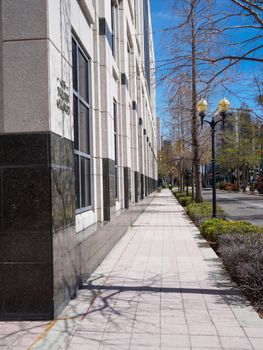 Modern city sidewalk on a sunny day with trees and contemporary building.