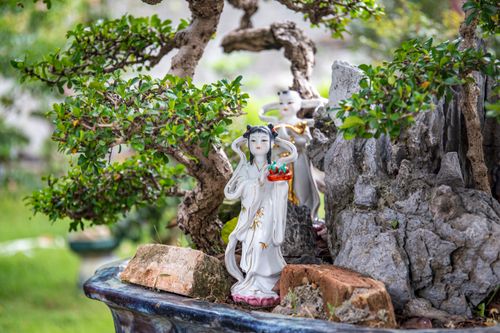 Free Porcelain figurine of a woman in a decorative garden setting with bonsai trees. Stock Photo