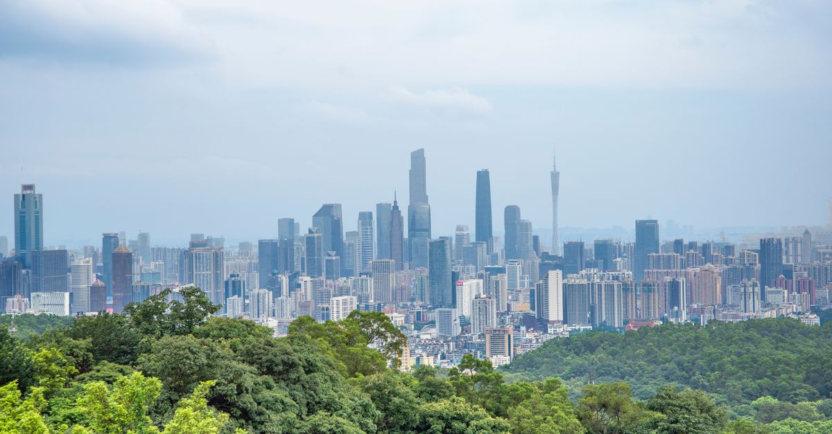 A breathtaking aerial view of a modern city skyline bordered by a lush urban forest on a clear day.