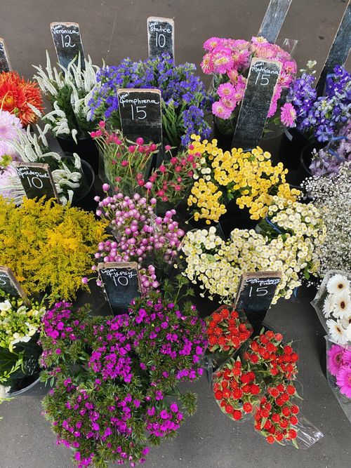 Free Vibrant display of assorted flower bouquets for sale at an outdoor market stall. Stock Photo