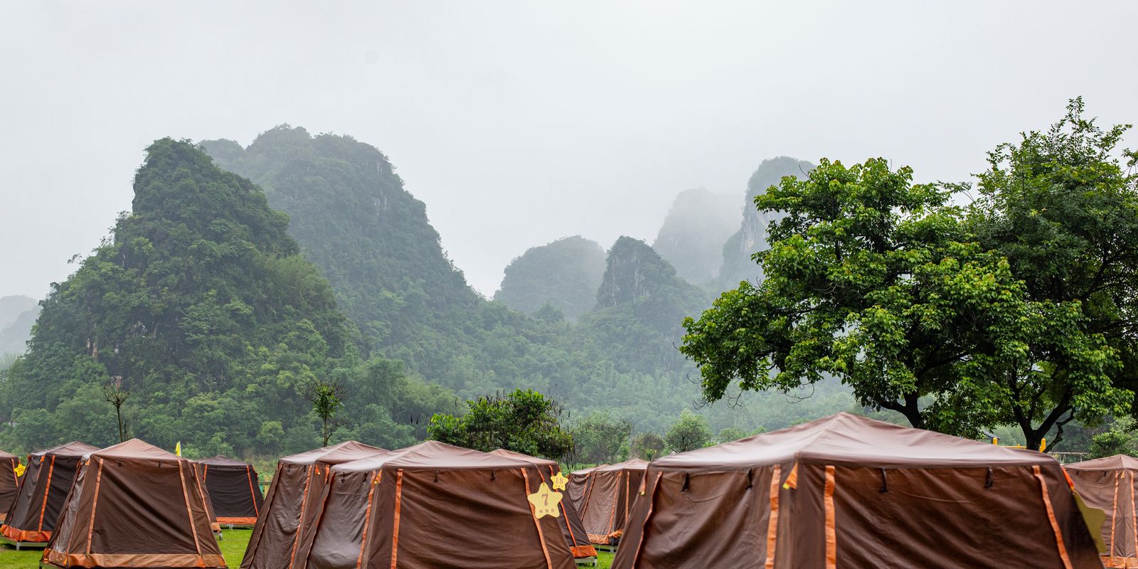 Tents at a green campsite with misty mountains in the background