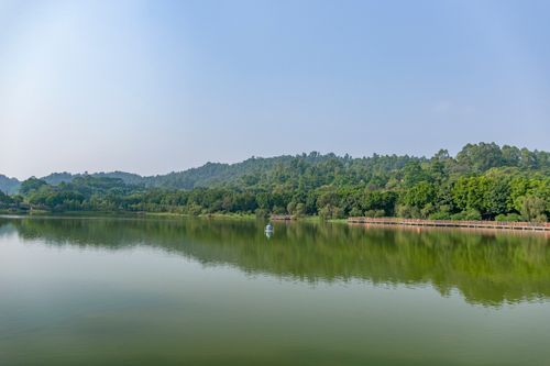 Free Tranquil river scene with forests reflecting in the water under a blue sky. Stock Photo