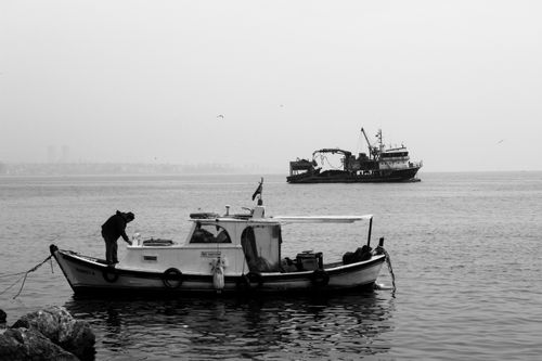 Free Minimalist black and white capture of fishing boats in a calm bay with a lone fisherman. Stock Photo