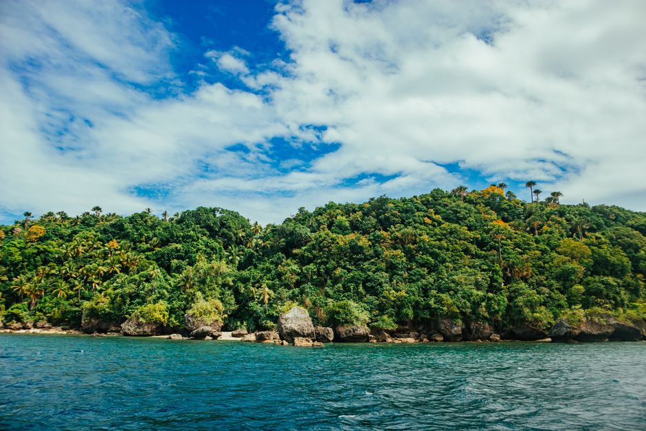 A picturesque tropical island with dense forest and clear blue sea under a cloudy sky.