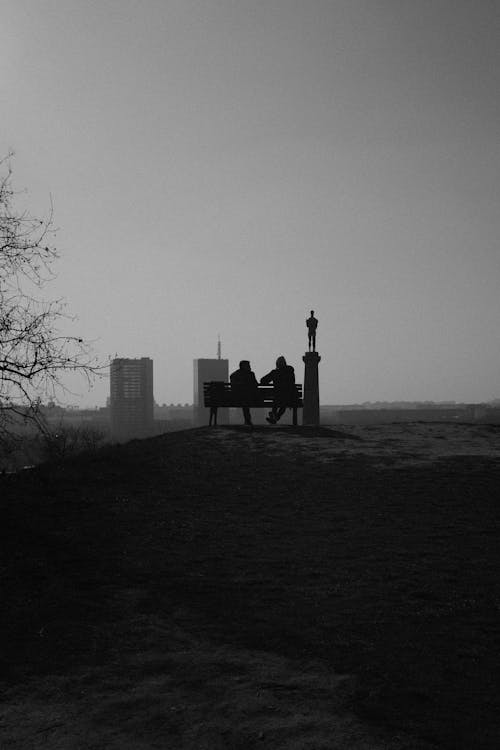 Silhouettes of Two Men Sitting on a Bench of a Viewpoint