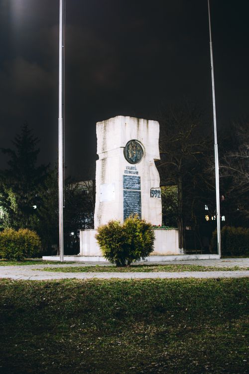 Free A monument with historical significance illuminated at night in an urban park setting. Stock Photo