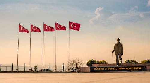 Flags of Turkey and Ataturk Statue at Democracy Square in Izmir