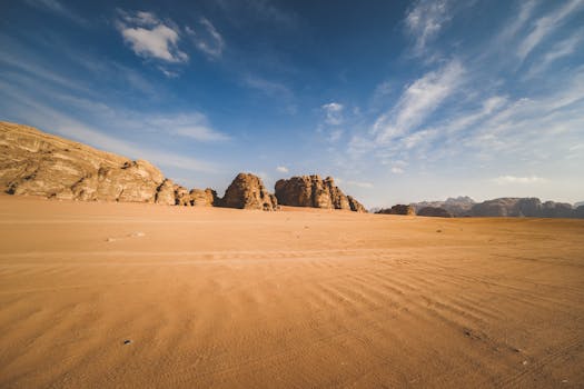Expansive desert view showcasing sand, rugged sandstone formations, and a clear blue sky.