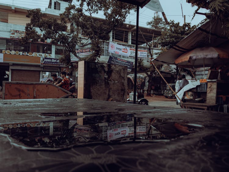 Building Facade And Yard With A Puddle, After A Rain