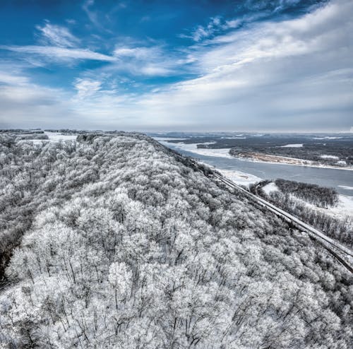 Aerial View A Snowy Forest and a River