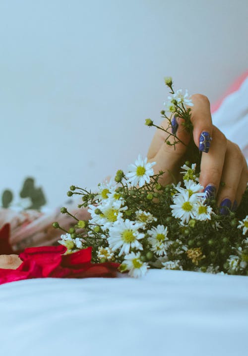 Hand of a Woman Holding a Bouquet of Flowers 