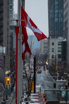 Downtown Canadian street scene with multiple flags and skyscrapers during daytime.