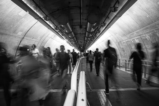 Motion blur of people walking through a modern black and white tunnel.