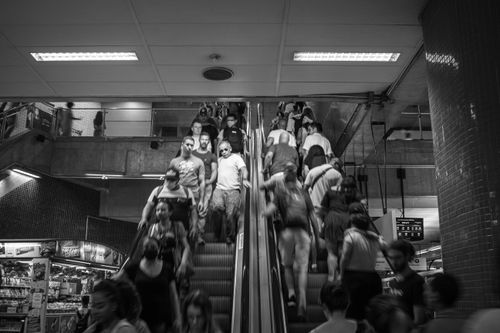 Free Monochrome photo of a busy escalator with people in motion at an indoor transit station. Stock Photo