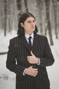 Young man with long hair poses elegantly in a pinstripe suit amidst a snowy winter forest.