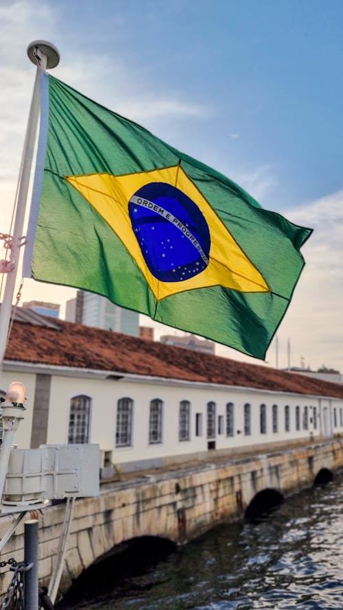Flag of Brazil near Building