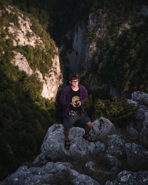 Free Young man standing on rocky cliff overlooking lush canyon, enjoying adventure. Stock Photo