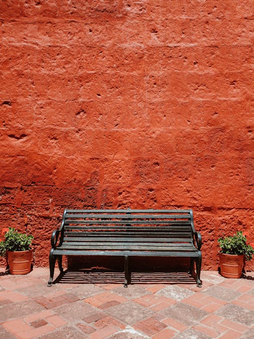 Bench, Potted Flowers on the Red Wall