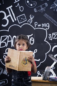 A young girl reading a book in front of a chalkboard filled with educational drawings.