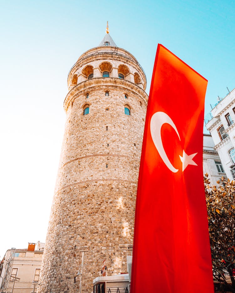 Galata Tower And A Turkey Flag In Istanbul