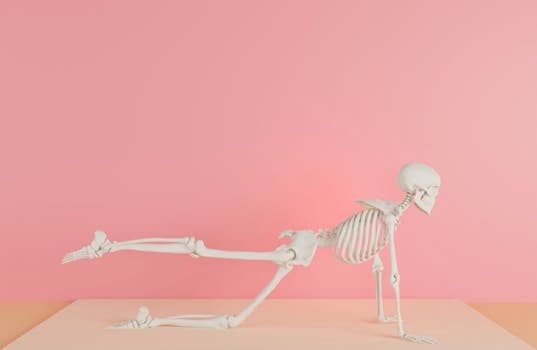 A human skeleton model posing in a yoga stance against a pink backdrop.