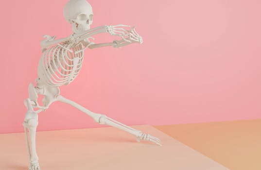 A white skeleton model striking a dynamic pose on a pink and peach background.