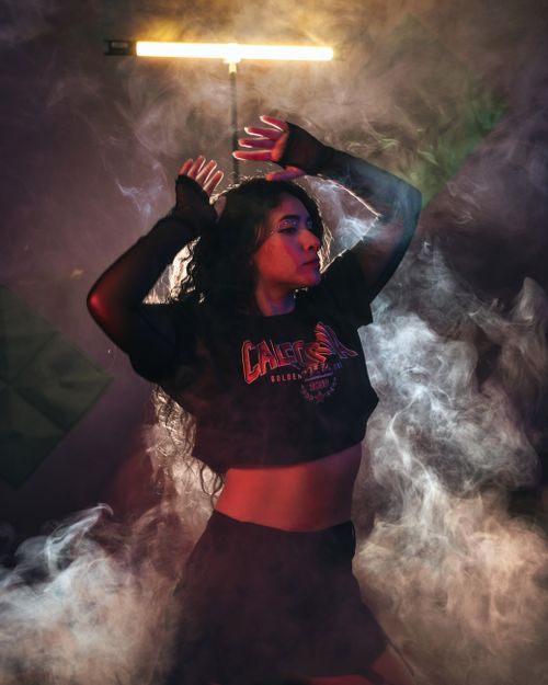 Free A young woman poses confidently in a moody, smoke-filled room with dramatic lighting from above. Stock Photo