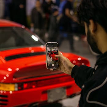 A man captures the moment with his phone, taking a photo of a red sports car at an indoor Toronto event.