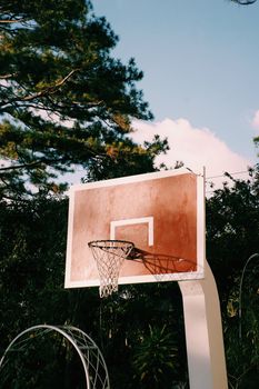 A basketball hoop stands out against a clear blue sky surrounded by green trees.