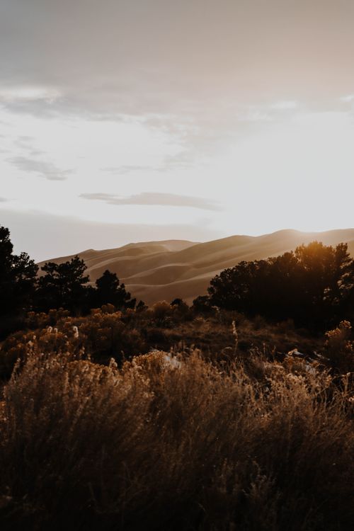 Free Tranquil sunset view over rural landscape with hills and trees, creating a peaceful scenery. Stock Photo