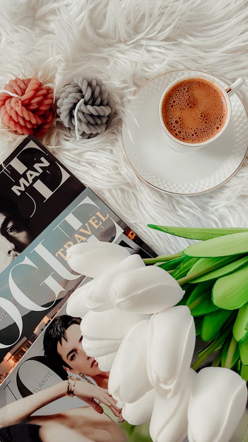 Coffee, Flowers and Magazine