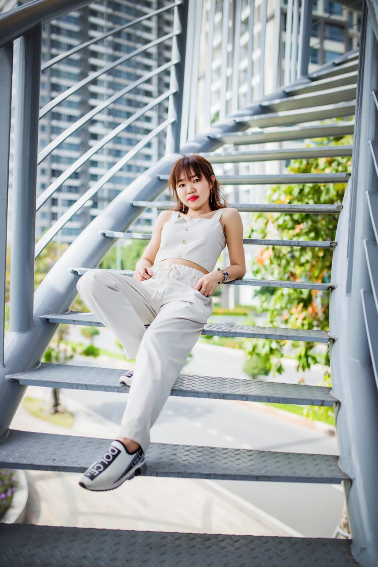 Japanese Woman Posing On Stairs 