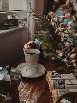 A warm, cozy coffee setup by the window with plants and decor, creating a relaxing vibe.