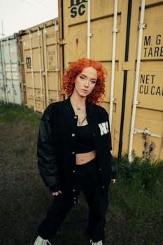 Fashionable redhead with curly hair posing in front of yellow shipping containers.