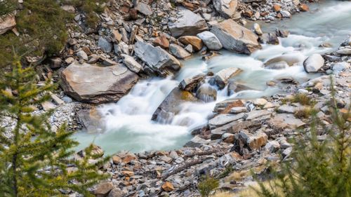 Free A tranquil scene of river rapids cascading over rocks in a picturesque rural landscape. Stock Photo