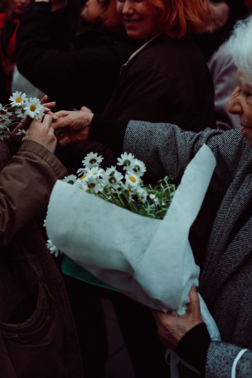 Free Senior woman gifting daisies, symbolizing kindness and connection in a street setting. Stock Photo